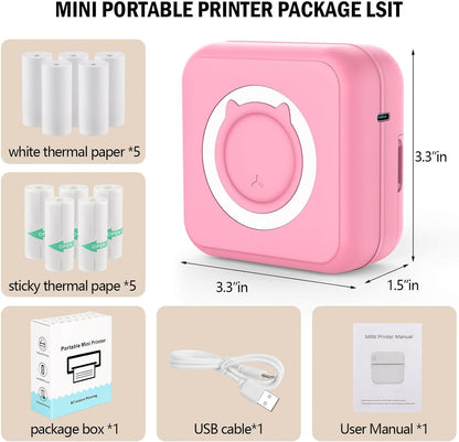 Inkless Mini Thermal Pocket Printer, Wireless Mini Sticker Printer with 10 Rolls Thermal Paper for iOS&Android, Portable Mini Photo Printer for Notes Journal Memo Photo Study, Pink