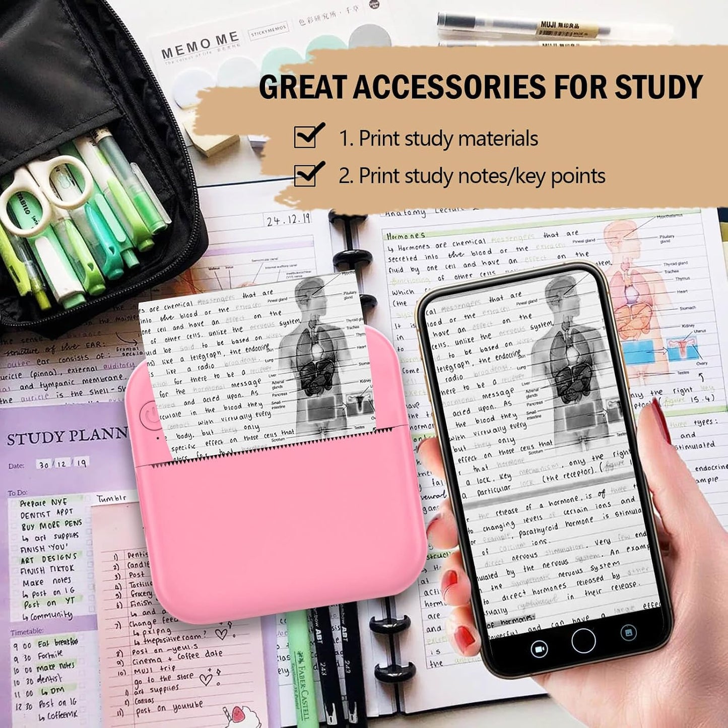 Inkless Mini Thermal Pocket Printer, Wireless Mini Sticker Printer with 10 Rolls Thermal Paper for iOS&Android, Portable Mini Photo Printer for Notes Journal Memo Photo Study, Pink