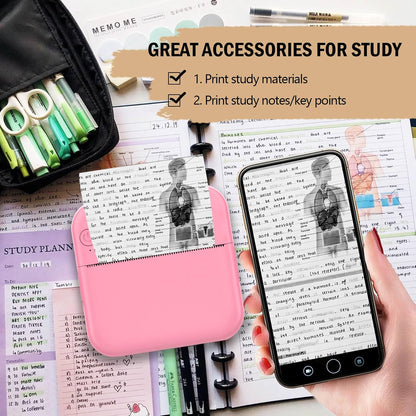 Inkless Mini Thermal Pocket Printer, Wireless Mini Sticker Printer with 10 Rolls Thermal Paper for iOS&Android, Portable Mini Photo Printer for Notes Journal Memo Photo Study, Pink
