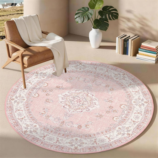 4ft Round Soft Pink Rug: Washable Circle Carpet for Girls Bedroom Nursery