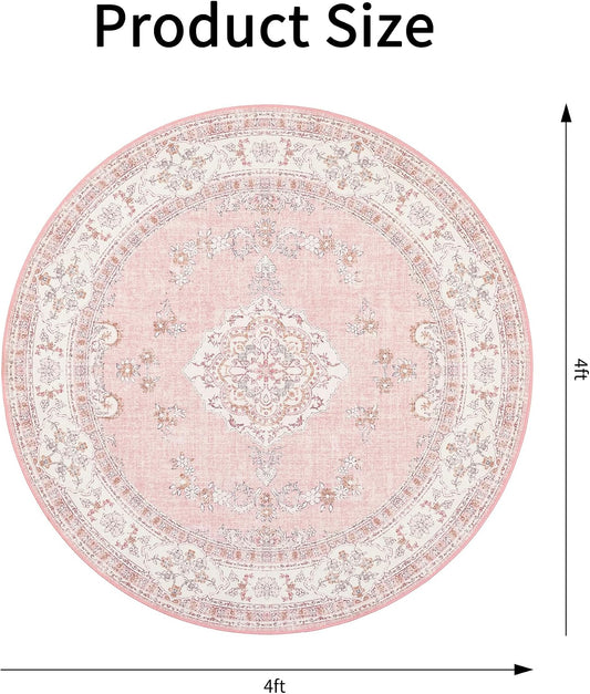 4ft Round Soft Pink Rug: Washable Circle Carpet for Girls Bedroom Nursery
