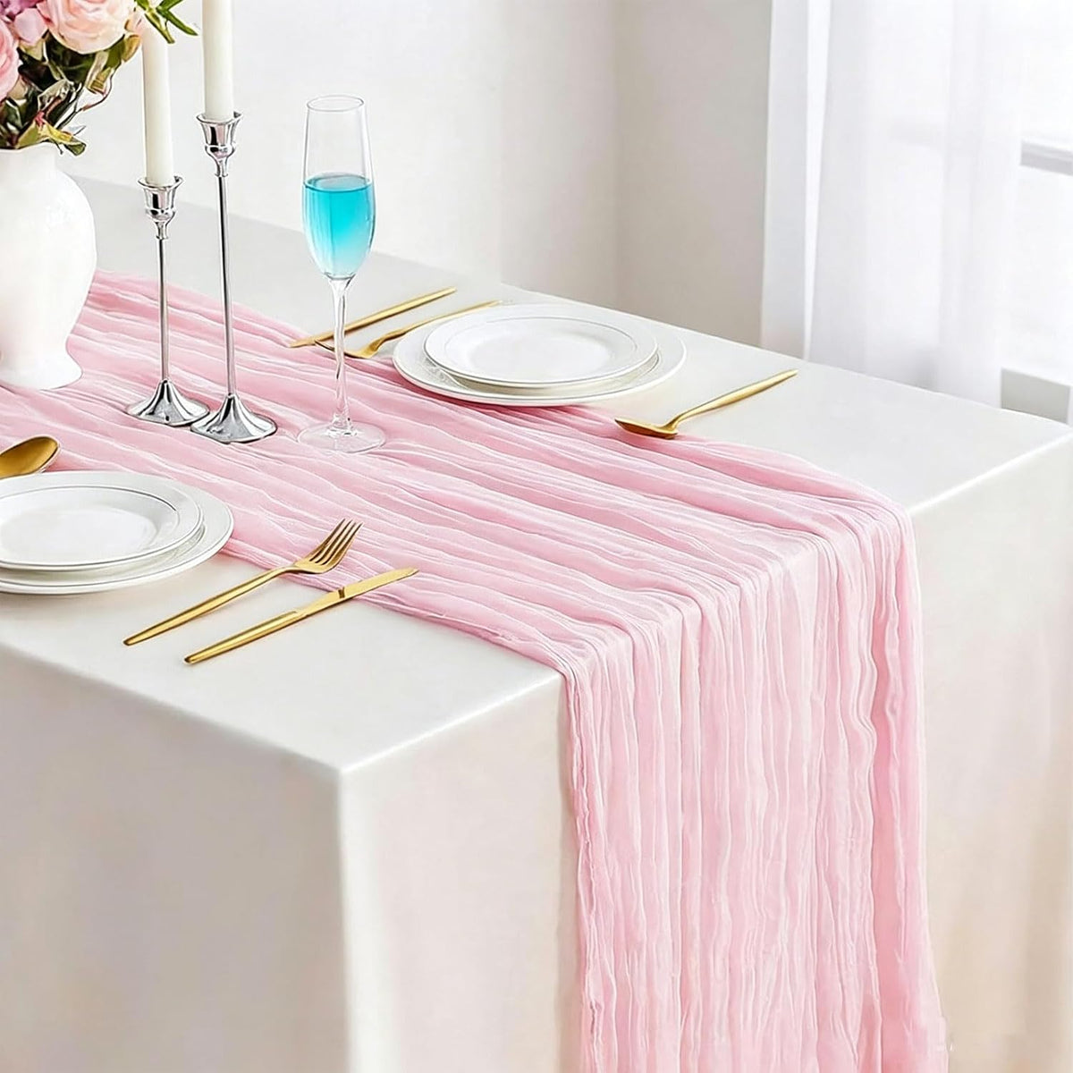 Light Pink Cheesecloth Table Runner 35 x 157 Inch Boho Gauze Table Runner for Wedding Reception Bridal Shower Birthday Party Rustic Wedding Arch, Dining Table, Holiday and Home Decor
