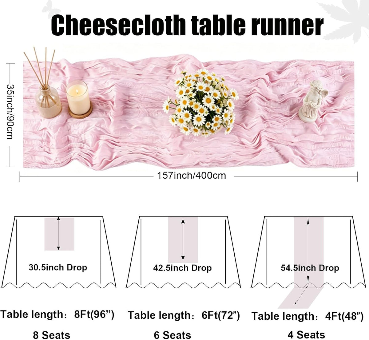 Light Pink Cheesecloth Table Runner 35 x 157 Inch Boho Gauze Table Runner for Wedding Reception Bridal Shower Birthday Party Rustic Wedding Arch, Dining Table, Holiday and Home Decor
