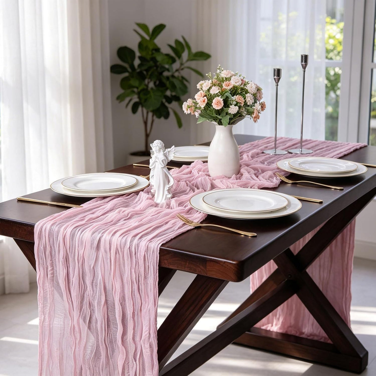 Light Pink Cheesecloth Table Runner 35 x 157 Inch Boho Gauze Table Runner for Wedding Reception Bridal Shower Birthday Party Rustic Wedding Arch, Dining Table, Holiday and Home Decor