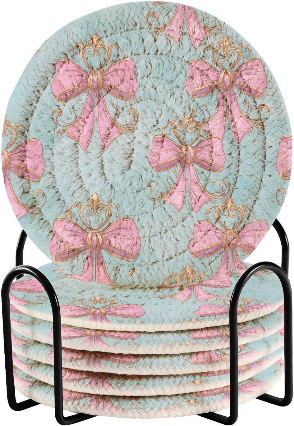 6 Pcs Drink Coasters with Holder, Pink Bows on Light Blue Bar Coaster Super Absorbent Heat-Resistant Woven Round Cup Coaster for Coffee Table Home Decor Bar