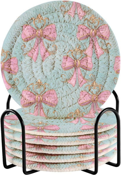 6 Pcs Drink Coasters with Holder, Pink Bows on Light Blue Bar Coaster Super Absorbent Heat-Resistant Woven Round Cup Coaster for Coffee Table Home Decor Bar