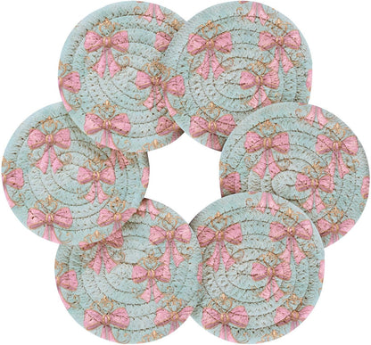 6 Pcs Drink Coasters with Holder, Pink Bows on Light Blue Bar Coaster Super Absorbent Heat-Resistant Woven Round Cup Coaster for Coffee Table Home Decor Bar