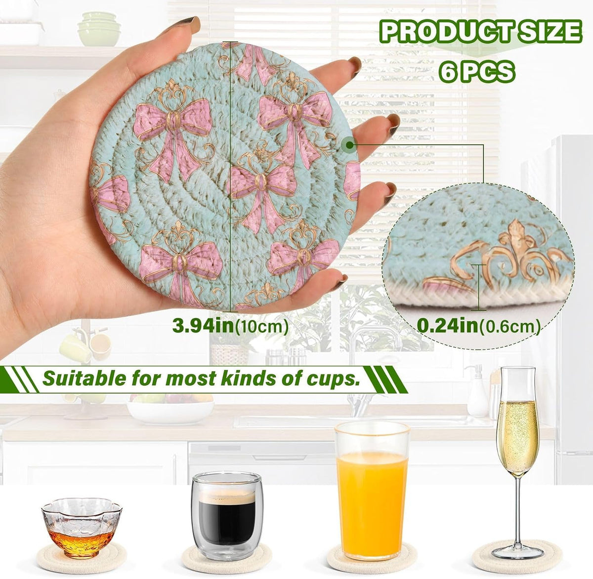 6 Pcs Drink Coasters with Holder, Pink Bows on Light Blue Bar Coaster Super Absorbent Heat-Resistant Woven Round Cup Coaster for Coffee Table Home Decor Bar