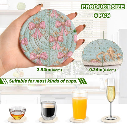 6 Pcs Drink Coasters with Holder, Pink Bows on Light Blue Bar Coaster Super Absorbent Heat-Resistant Woven Round Cup Coaster for Coffee Table Home Decor Bar