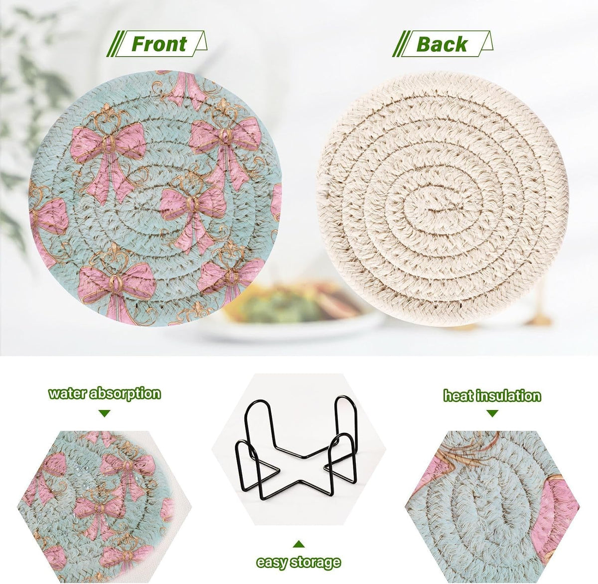 6 Pcs Drink Coasters with Holder, Pink Bows on Light Blue Bar Coaster Super Absorbent Heat-Resistant Woven Round Cup Coaster for Coffee Table Home Decor Bar