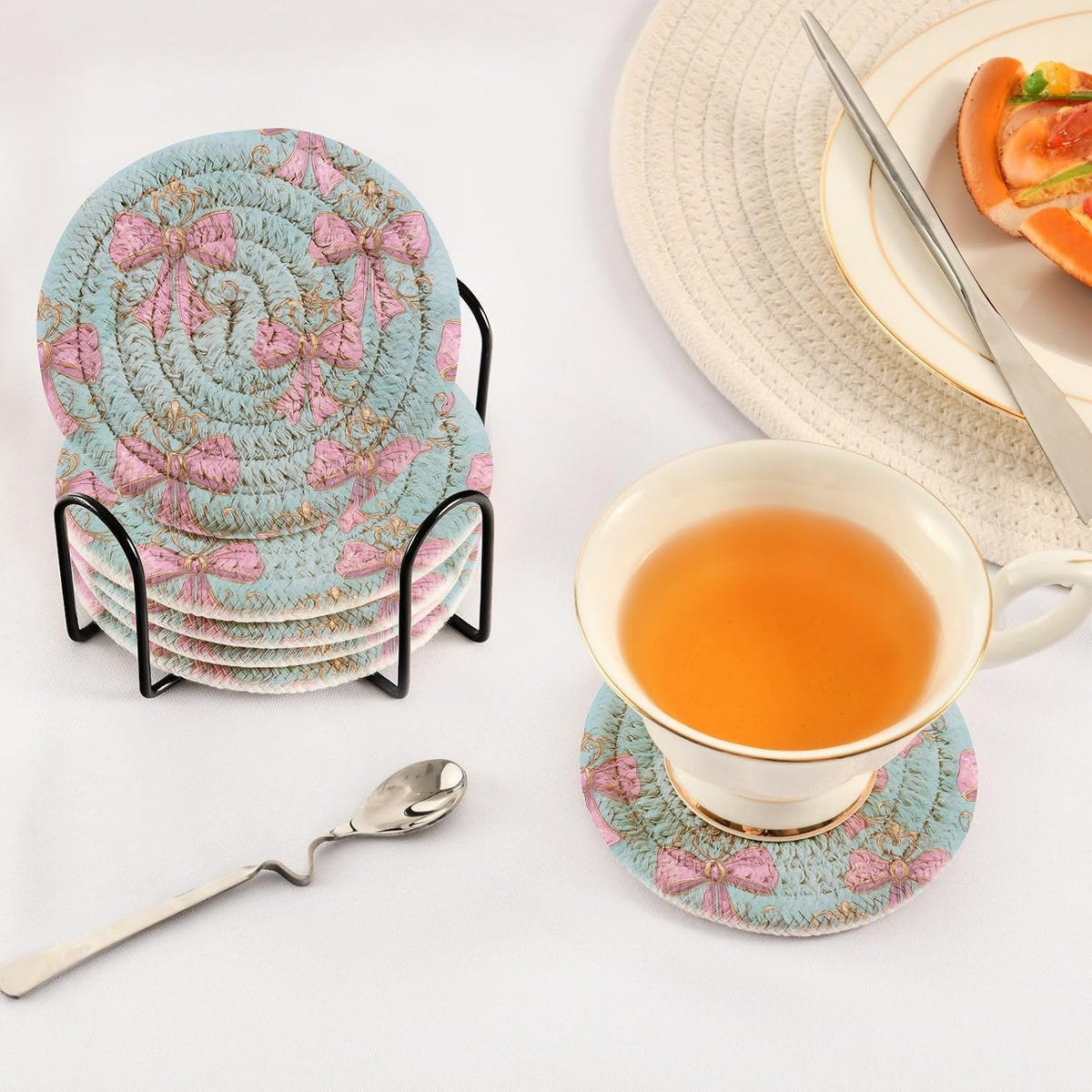 6 Pcs Drink Coasters with Holder, Pink Bows on Light Blue Bar Coaster Super Absorbent Heat-Resistant Woven Round Cup Coaster for Coffee Table Home Decor Bar