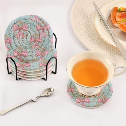 6 Pcs Drink Coasters with Holder, Pink Bows on Light Blue Bar Coaster Super Absorbent Heat-Resistant Woven Round Cup Coaster for Coffee Table Home Decor Bar