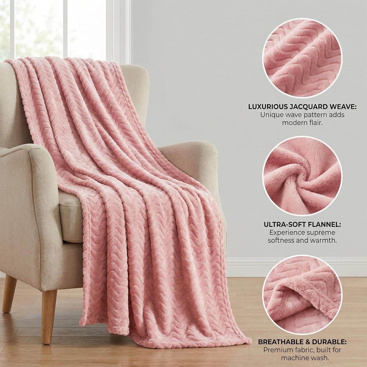 Exclusivo Mezcla Fleece Throw Blanket for Couch, Lightweight Jacquard Bed Blanket for Spring Summer, Soft Cozy Breathable Throws, Pink, 50x70 Inches