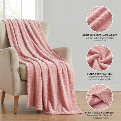 Exclusivo Mezcla Fleece Throw Blanket for Couch, Lightweight Jacquard Bed Blanket for Spring Summer, Soft Cozy Breathable Throws, Pink, 50x70 Inches