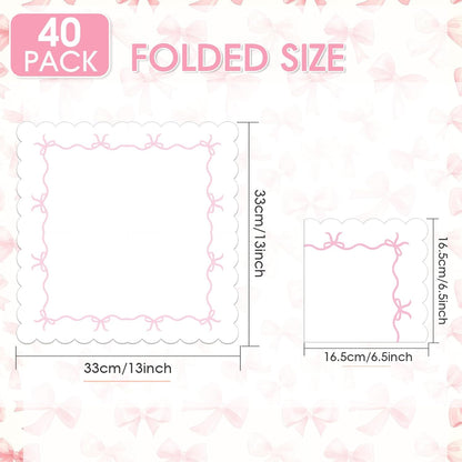 40PCS Pink Bow Paper Napkins Bachelorette Decorations 6.5" x 6.5" Disposable Bow Theme Party Napkins Coquette Birthday Party Bridal Engagement Decor, Girl Baby Shower Table Supplies