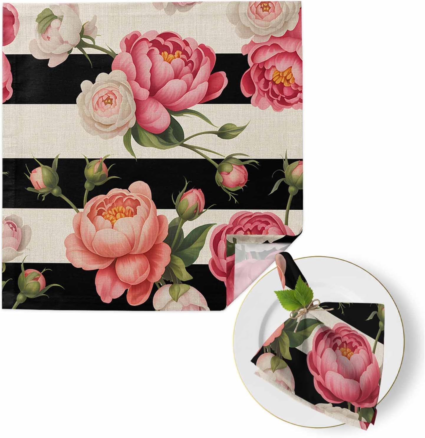 Pink Peony Cloth Napkins Set of 1 Flowers Black and White Stripes Linen Texture Napkins Cloth Washable Reusable Soft Napkin for Birthday Party Wedding Dining Table Decorations 20x20 Inch