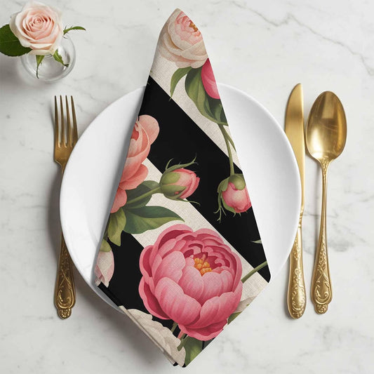 Pink Peony Cloth Napkins Set of 1 Flowers Black and White Stripes Linen Texture Napkins Cloth Washable Reusable Soft Napkin for Birthday Party Wedding Dining Table Decorations 20x20 Inch