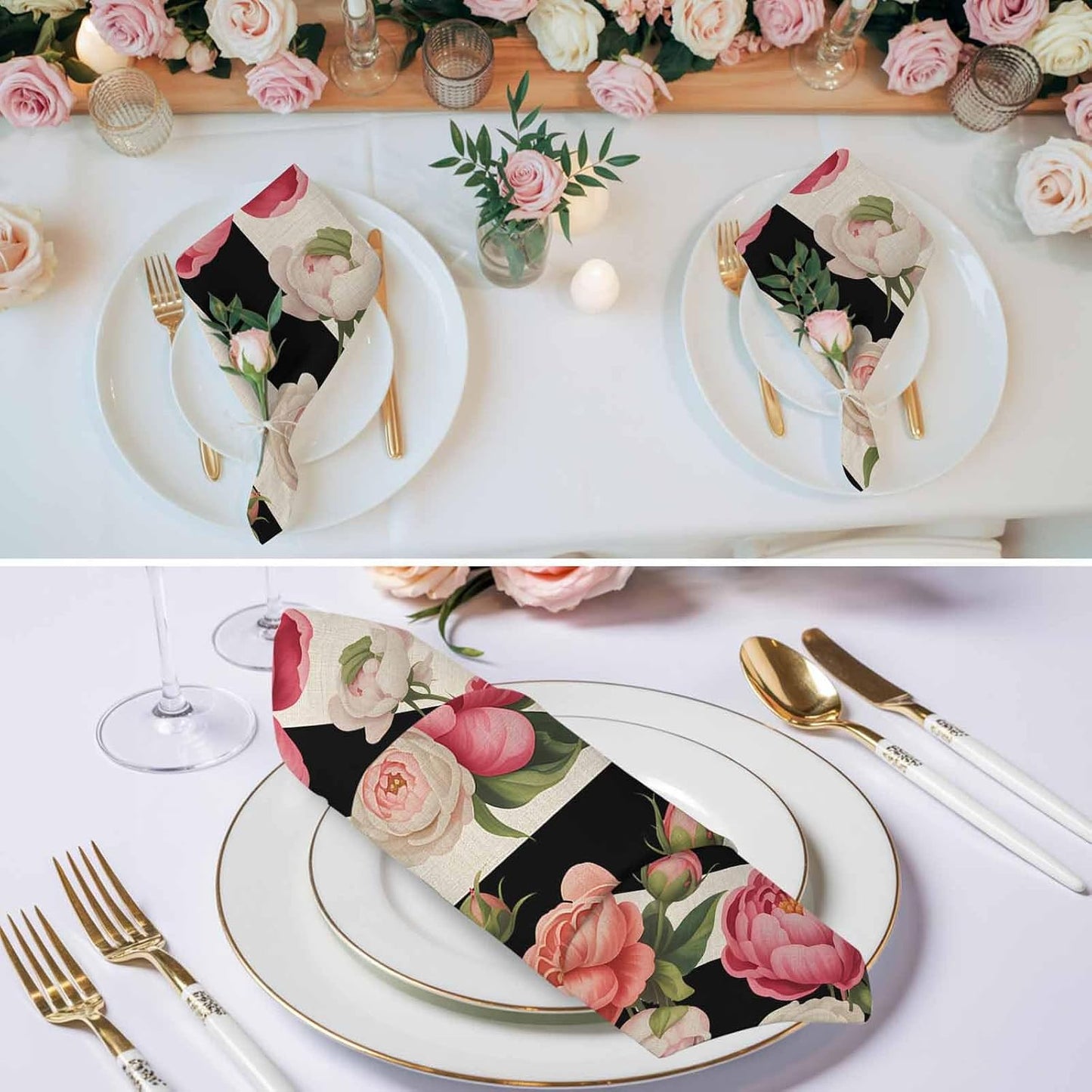 Pink Peony Cloth Napkins Set of 1 Flowers Black and White Stripes Linen Texture Napkins Cloth Washable Reusable Soft Napkin for Birthday Party Wedding Dining Table Decorations 20x20 Inch