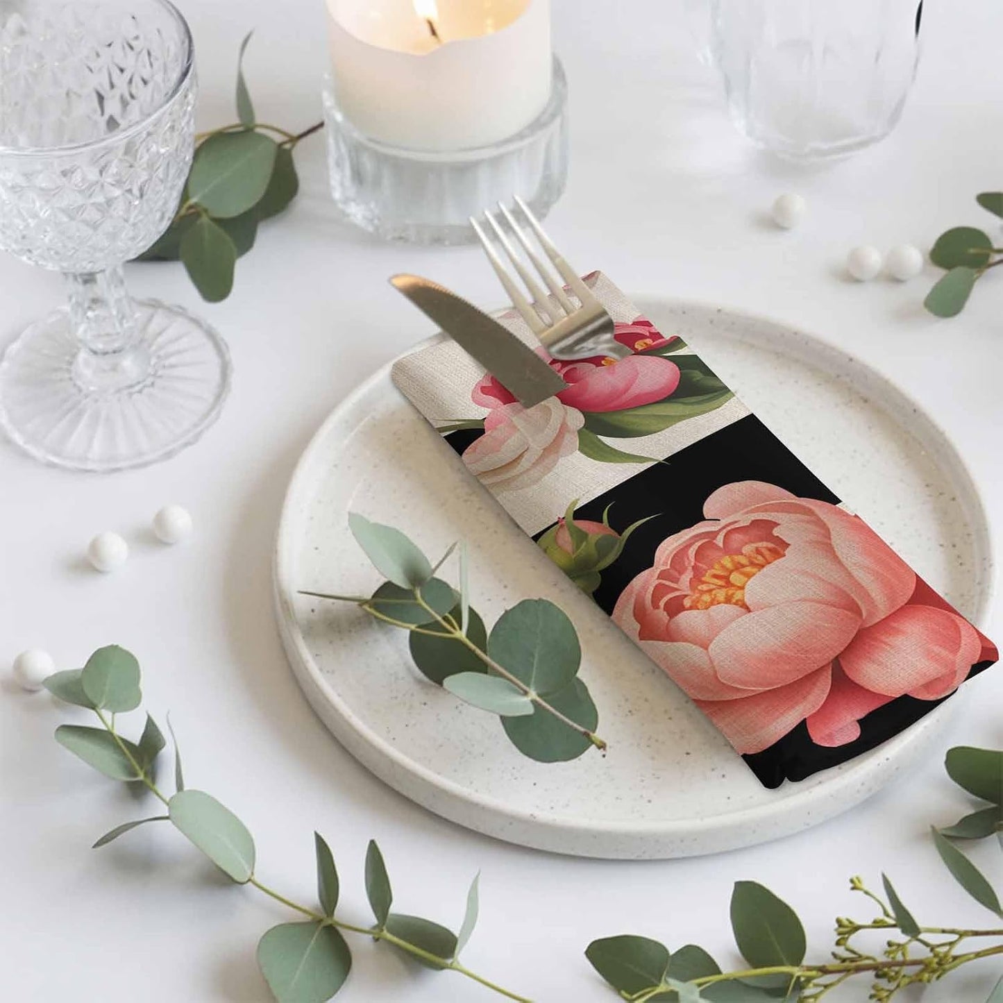 Pink Peony Cloth Napkins Set of 1 Flowers Black and White Stripes Linen Texture Napkins Cloth Washable Reusable Soft Napkin for Birthday Party Wedding Dining Table Decorations 20x20 Inch