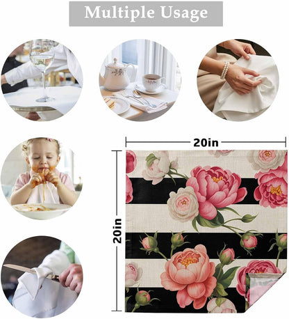 Pink Peony Cloth Napkins Set of 1 Flowers Black and White Stripes Linen Texture Napkins Cloth Washable Reusable Soft Napkin for Birthday Party Wedding Dining Table Decorations 20x20 Inch