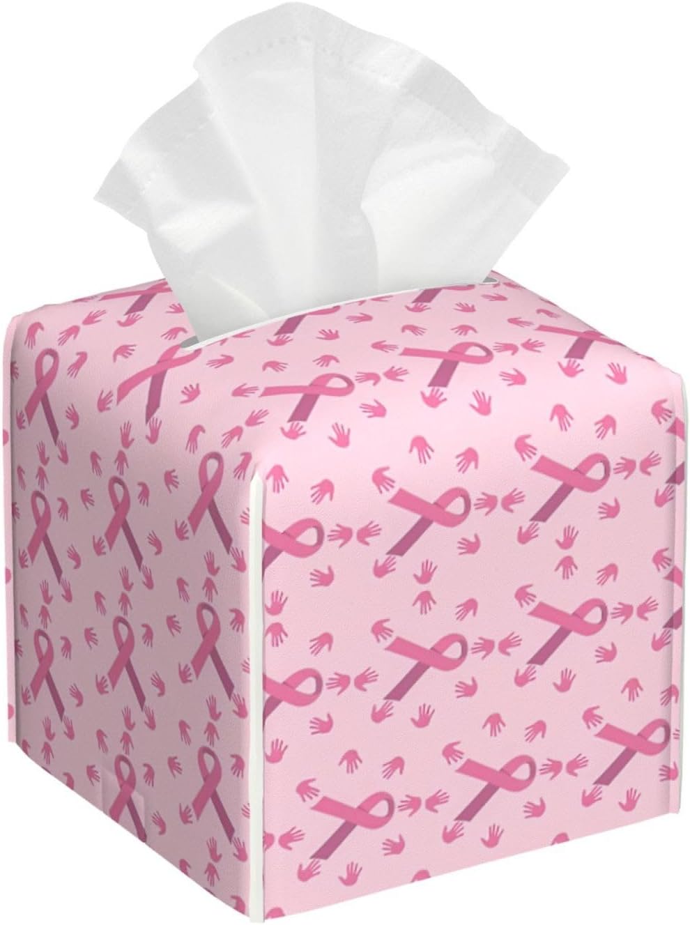 Breast Cancer Awareness Month Pink Ribbon Leather Tissue Box Cover Square Tissue Holder Decorative Paper Case for Home Office Bathroom Vanity Countertop Car