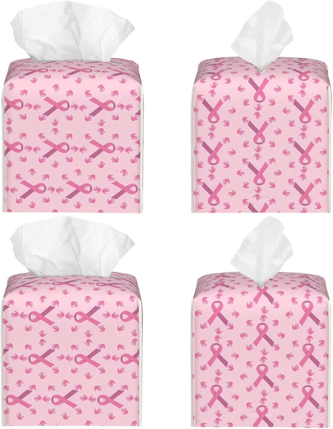 Breast Cancer Awareness Month Pink Ribbon Leather Tissue Box Cover Square Tissue Holder Decorative Paper Case for Home Office Bathroom Vanity Countertop Car