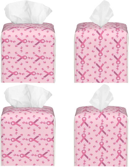 Breast Cancer Awareness Month Pink Ribbon Leather Tissue Box Cover Square Tissue Holder Decorative Paper Case for Home Office Bathroom Vanity Countertop Car