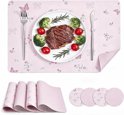 Pink Placemats Set of 4 with 4 Coasters, Reversible Floral Faux Leather