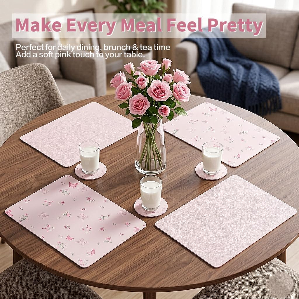 Pink Placemats Set of 4 with 4 Coasters, Reversible Floral Faux Leather