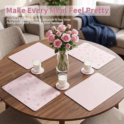 Pink Placemats Set of 4 with 4 Coasters, Reversible Floral Faux Leather
