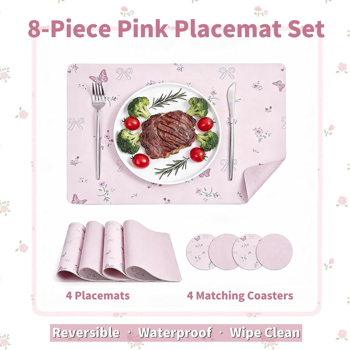 Pink Placemats Set of 4 with 4 Coasters, Reversible Floral Faux Leather