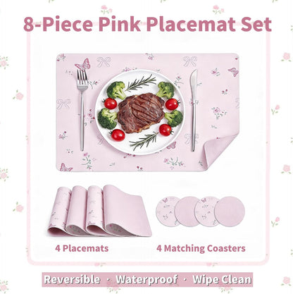 Pink Placemats Set of 4 with 4 Coasters, Reversible Floral Faux Leather