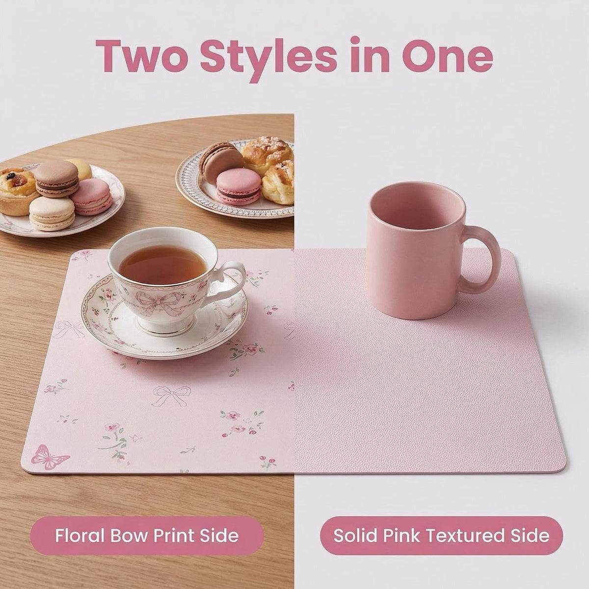 Pink Placemats Set of 4 with 4 Coasters, Reversible Floral Faux Leather