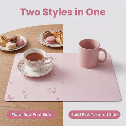 Pink Placemats Set of 4 with 4 Coasters, Reversible Floral Faux Leather