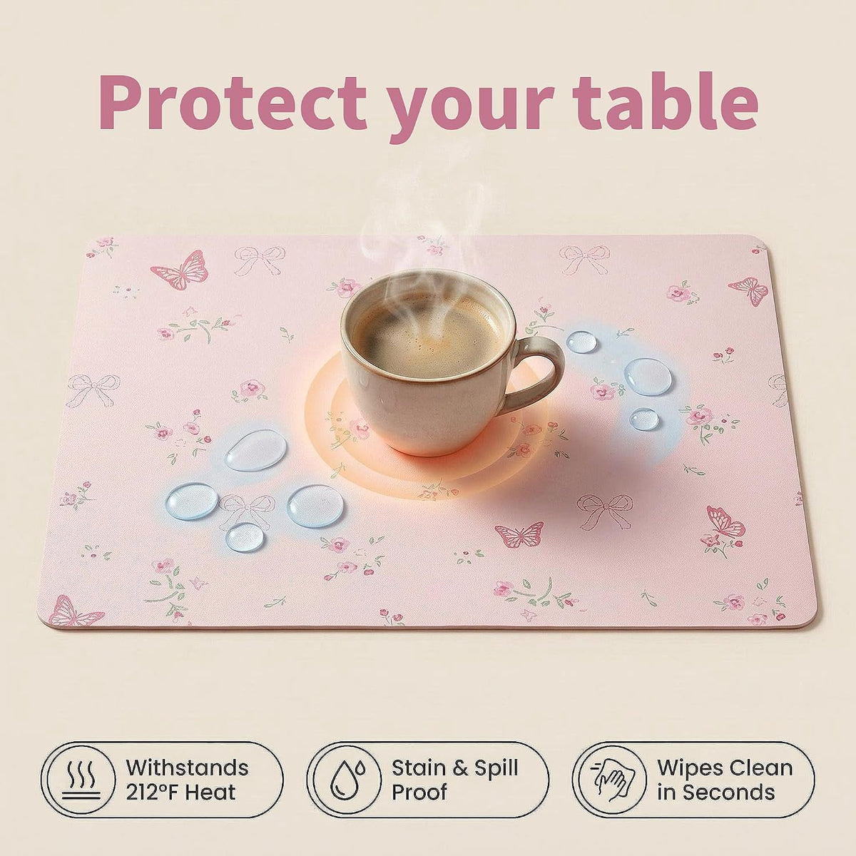 Pink Placemats Set of 4 with 4 Coasters, Reversible Floral Faux Leather