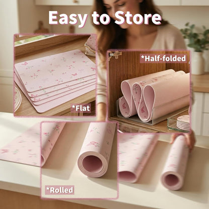 Pink Placemats Set of 4 with 4 Coasters, Reversible Floral Faux Leather