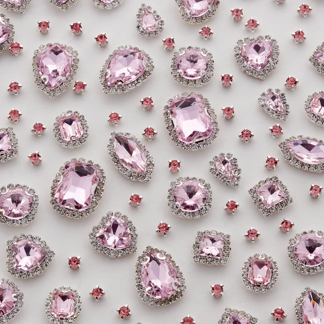 Sew on Rhinestones 100 PCS Mixed Shapes Glass Rhinestones Sew on Crystal Gems Mental Flatback with Silver Claw for Jewelry Crafts Clothes Shoes Costume Garment Pink Type 1