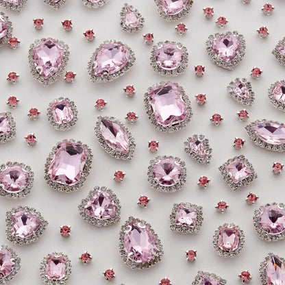 Sew on Rhinestones 100 PCS Mixed Shapes Glass Rhinestones Sew on Crystal Gems Mental Flatback with Silver Claw for Jewelry Crafts Clothes Shoes Costume Garment Pink Type 1