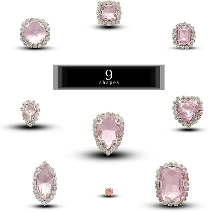 Sew on Rhinestones 100 PCS Mixed Shapes Glass Rhinestones Sew on Crystal Gems Mental Flatback with Silver Claw for Jewelry Crafts Clothes Shoes Costume Garment Pink Type 1