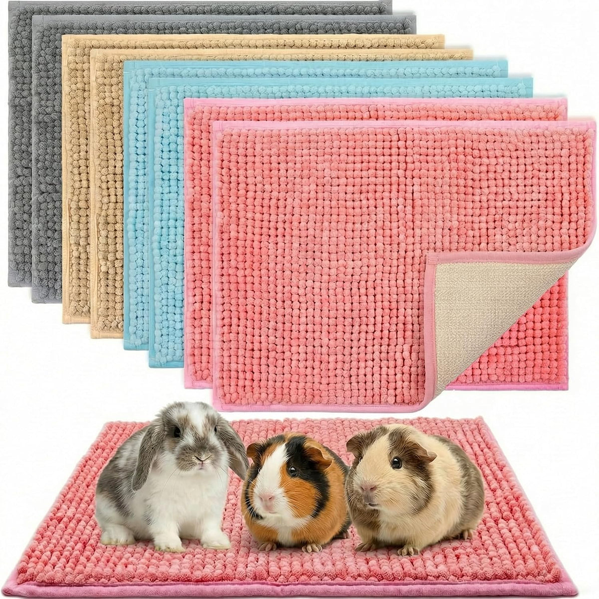 Guinea Pig Cage Liner Mats, Chenille, 16x12 in, 8 Pack, Gray, Beige, Blue, Pink, Reusable Bedding Pad for Cage, Play Area, Travel