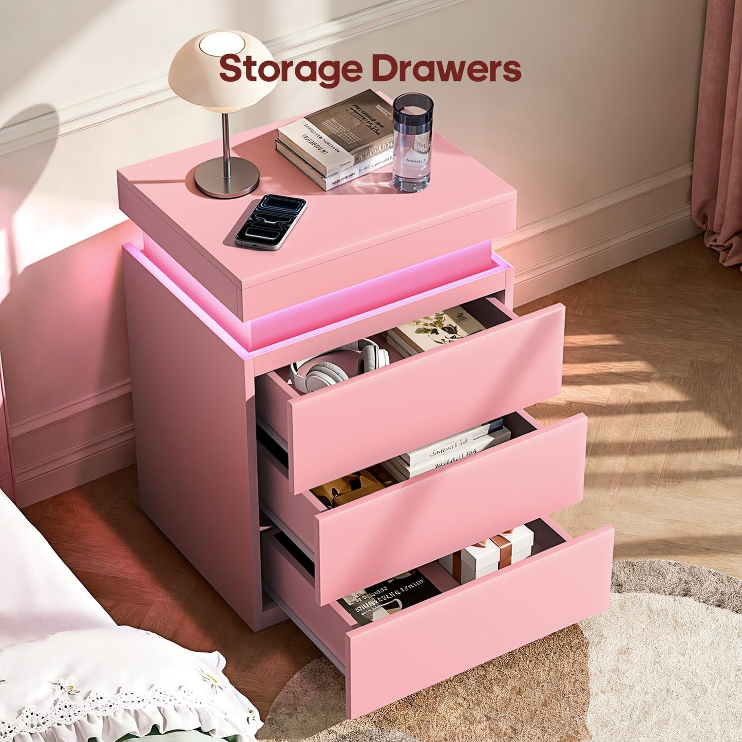 Nightstand with Charging Station and LED Lights,Night Stand with Sliding Top,Bedside Table with Drawers,Modern End Side Table for Bedroom,Pink