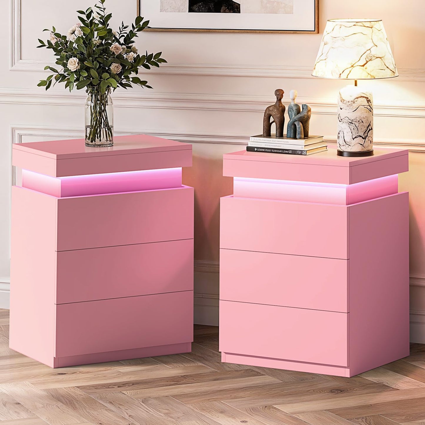 Nightstand with Charging Station and LED Lights,Night Stand with Sliding Top,Bedside Table with Drawers,Modern End Side Table for Bedroom,Pink
