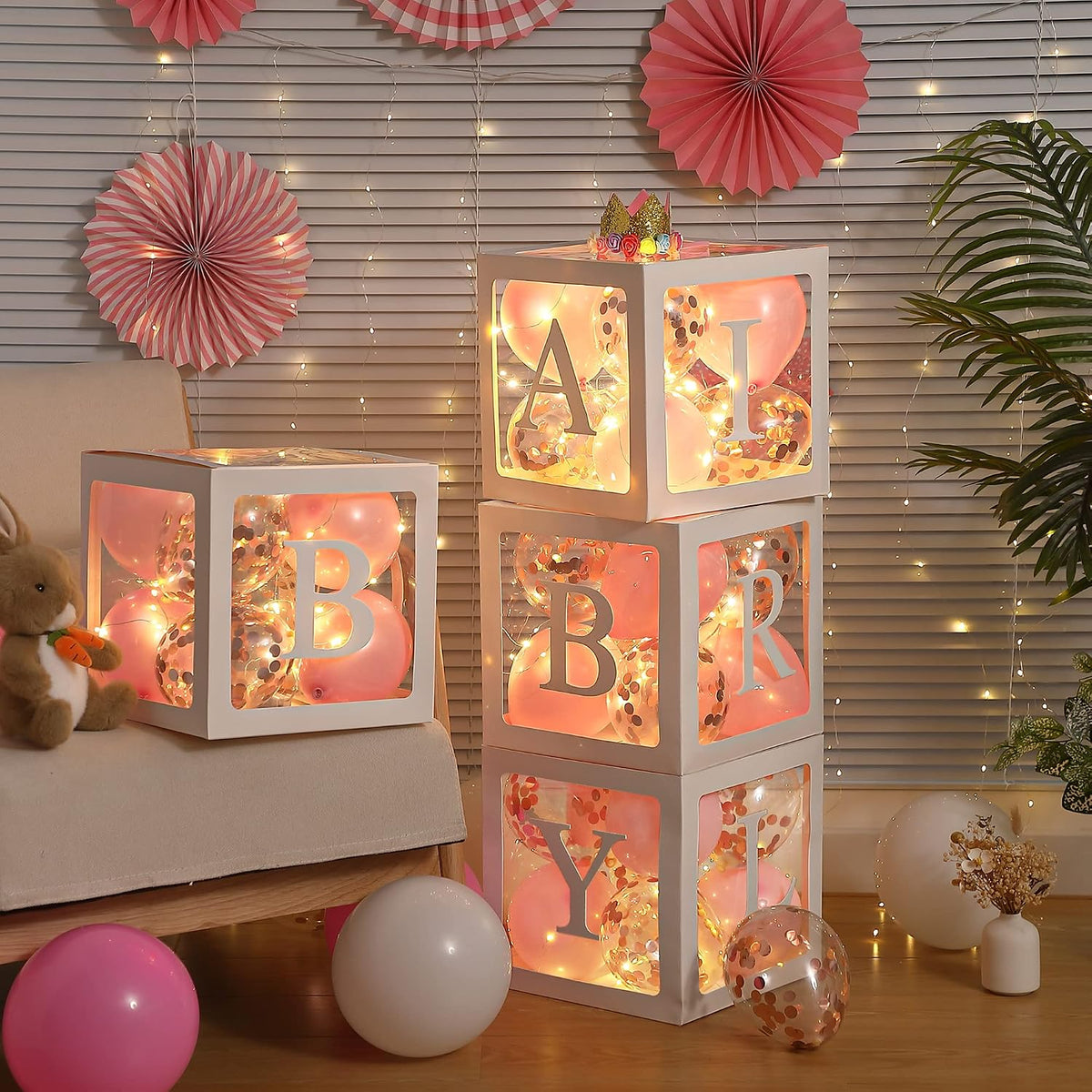 Baby Shower Balloon Box Decorations with LED Lights & 40 Balloons, Pink