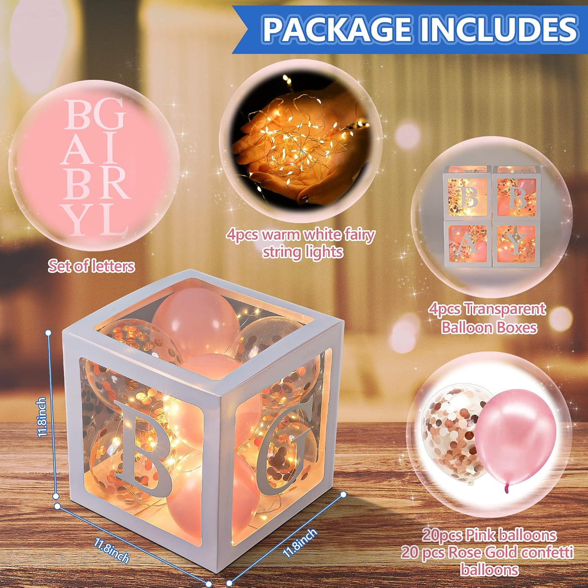 Baby Shower Balloon Box Decorations with LED Lights & 40 Balloons, Pink