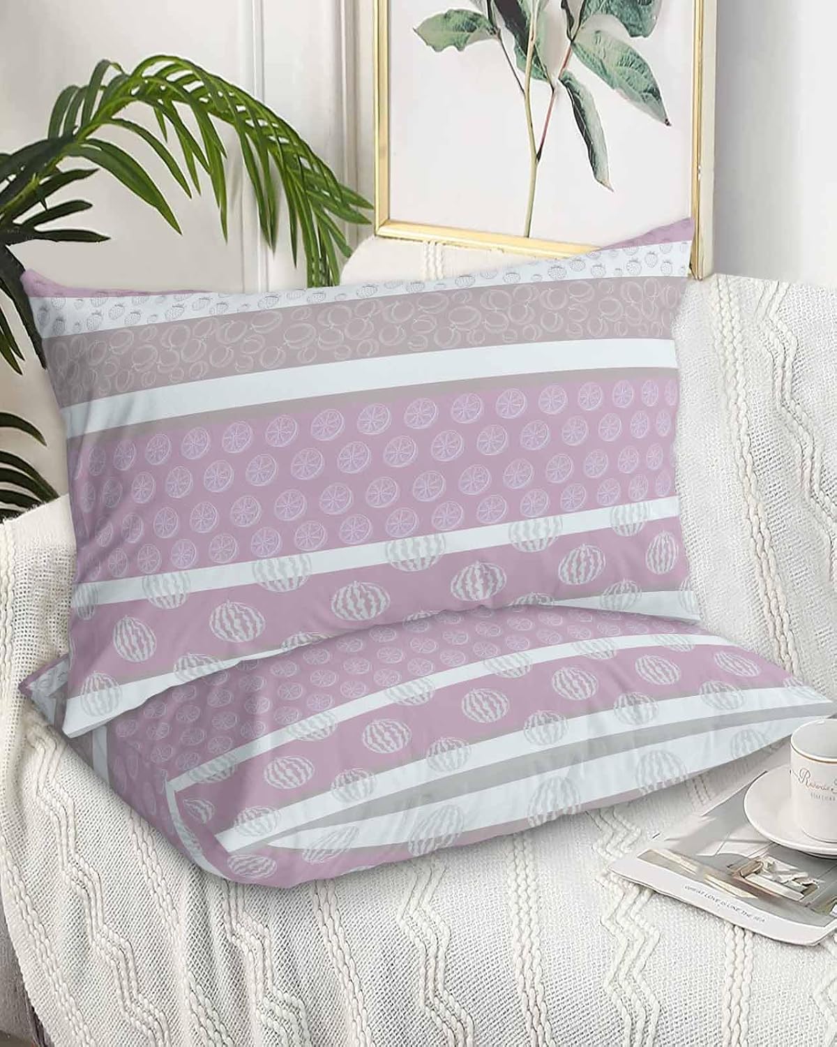 Farm Fruits Standard Pillow Cases Set of 2, Soft Breathable Watermelon Lemons Peach Pink Grey Striped Pillow Covers with Envelope Closure Decorative Pillow Shams for Bed Sofa Couch Chair 20''x26''