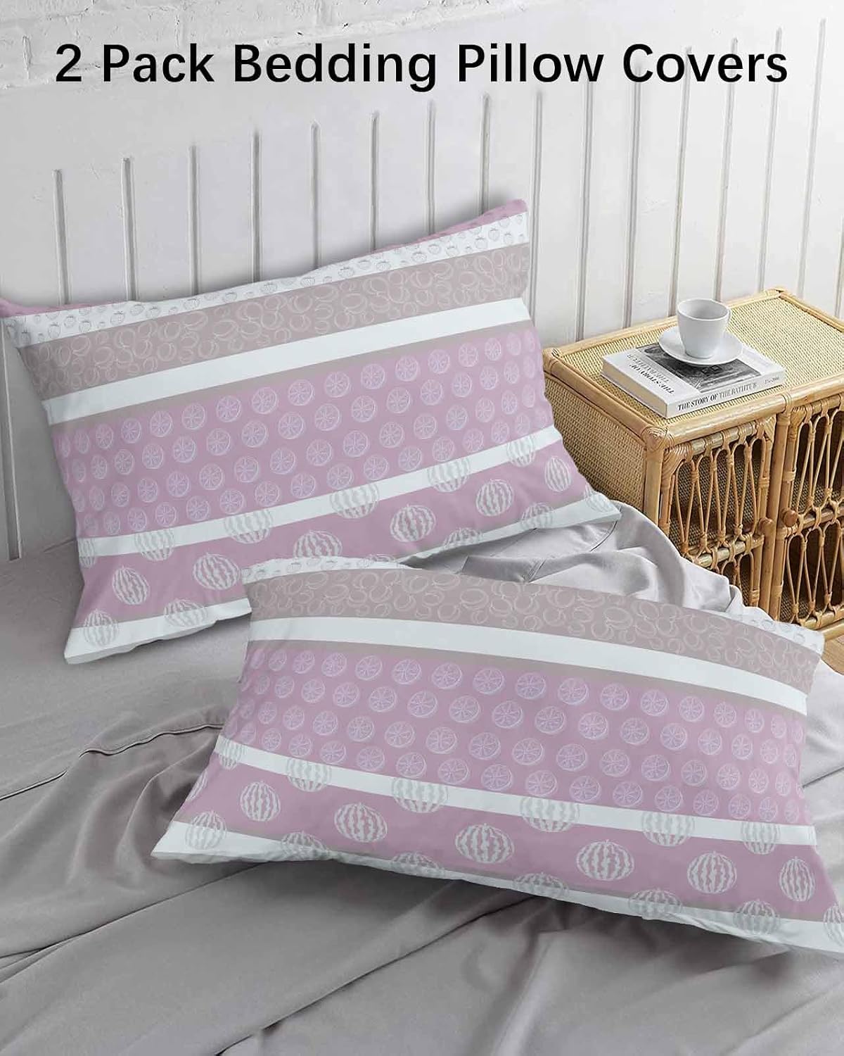 Farm Fruits Standard Pillow Cases Set of 2, Soft Breathable Watermelon Lemons Peach Pink Grey Striped Pillow Covers with Envelope Closure Decorative Pillow Shams for Bed Sofa Couch Chair 20''x26''