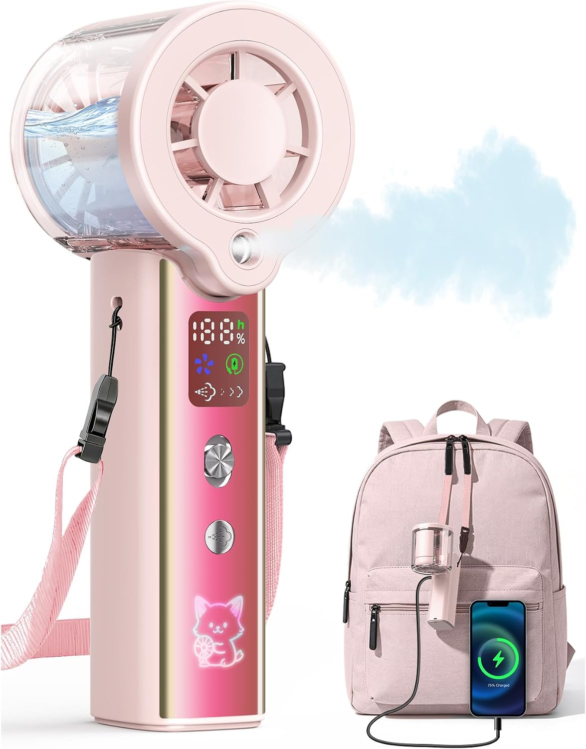Portable Misting Fan with Mist, 3-in-1 Rechargeable Handheld 4000mAh