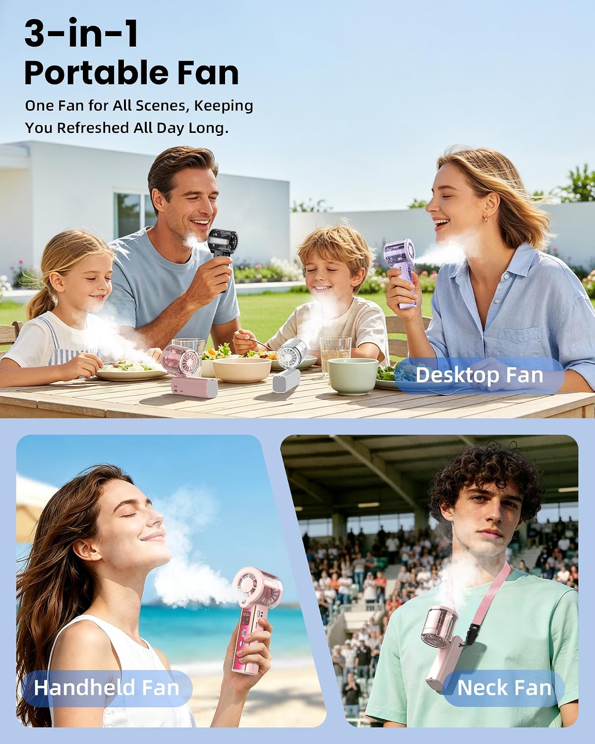 Portable Misting Fan with Mist, 3-in-1 Rechargeable Handheld 4000mAh