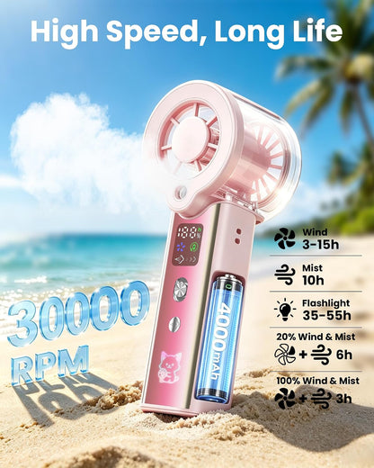 Portable Misting Fan with Mist, 3-in-1 Rechargeable Handheld 4000mAh