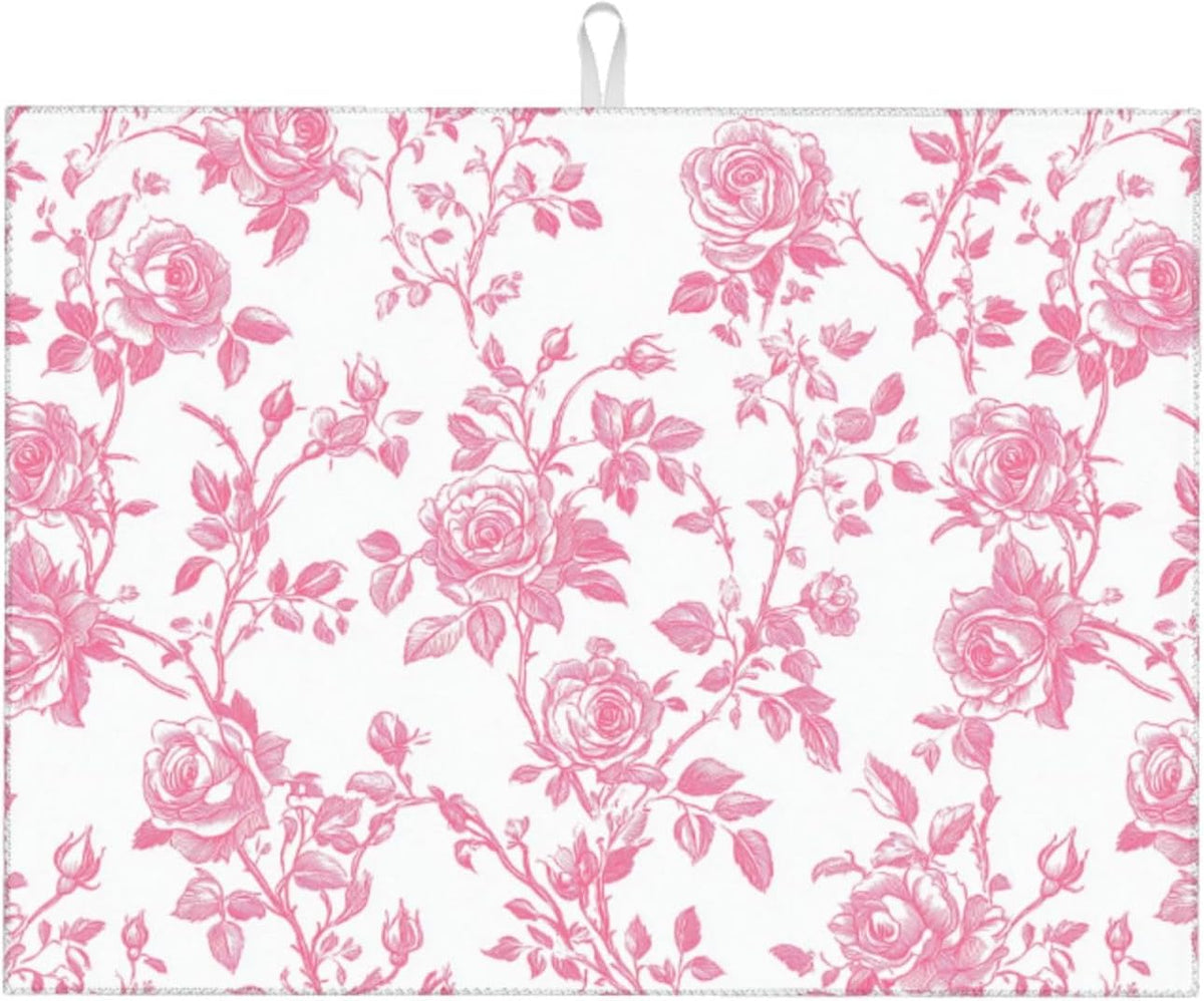 Pink Floral Rose Toile Pattern Dish Drying Mat For Kitchen Counter, Drain Rack Mat Microfiber Quick Dry Dish Pad